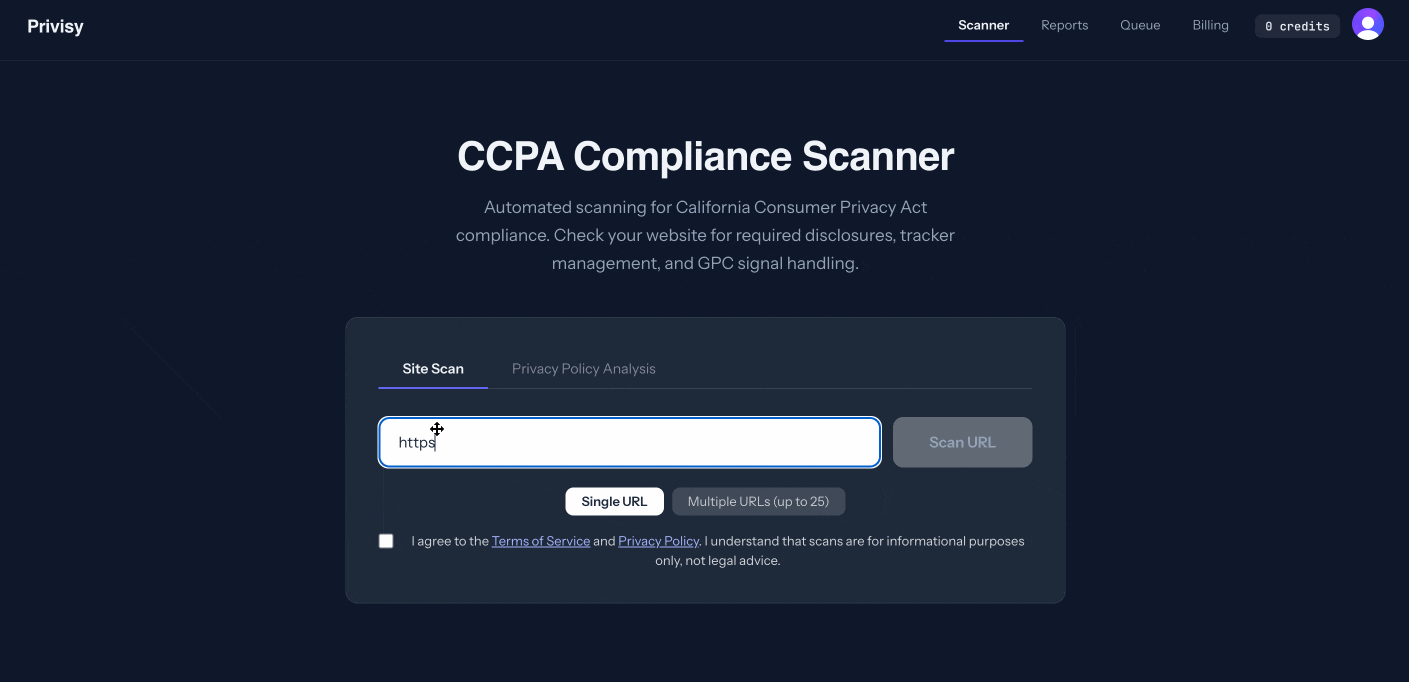 Product demo: entering a URL and receiving a CCPA compliance audit report